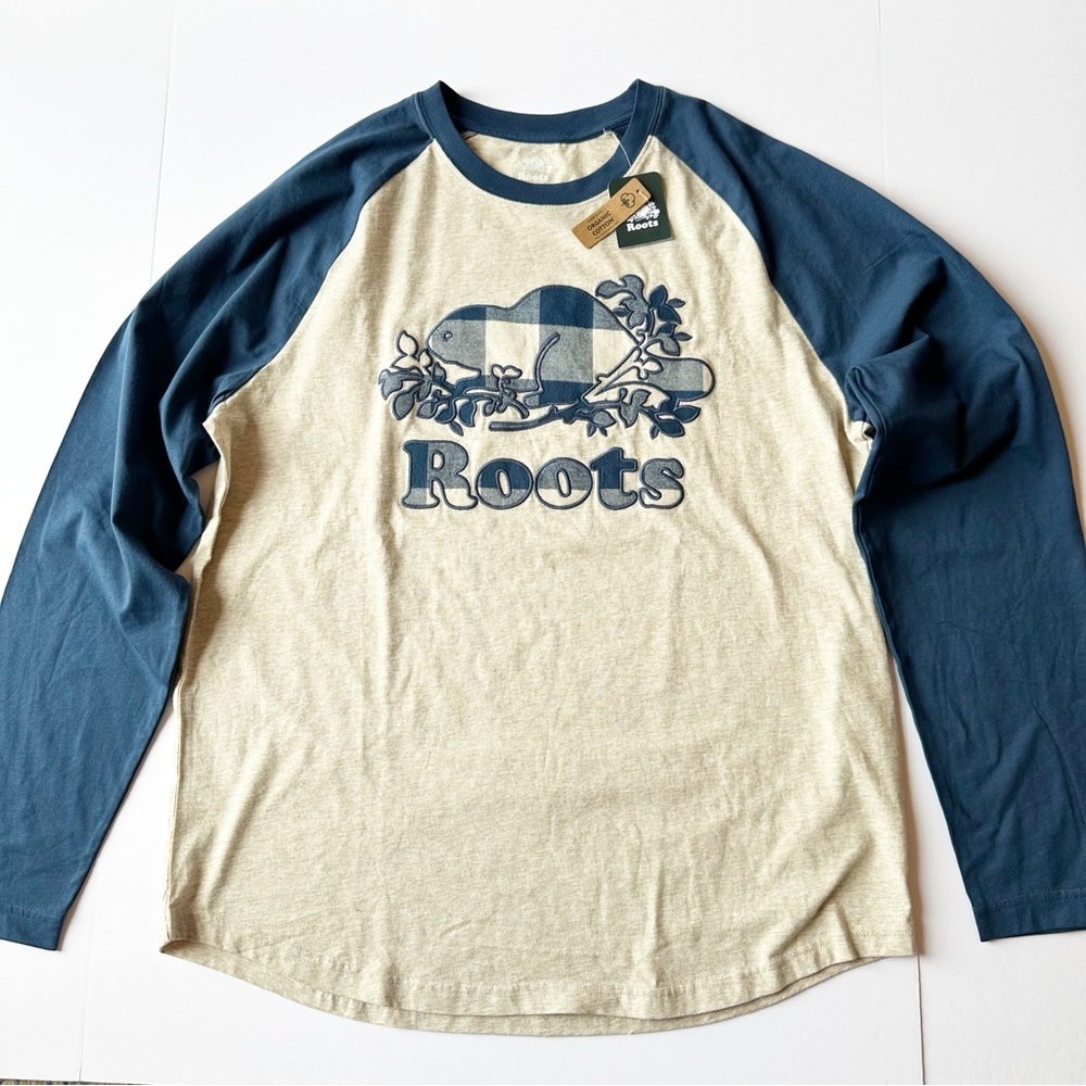 NWT Roots Mens Unisex Cooper Plaid Raglan Long Sleeve T-Shirt blue flax large